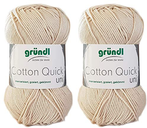 2x50 Gramm Gründl Cotton Quick 100% Baumwolle, Häkelgarn mercerisiert, gasiert, gekämmt inkl. Anleitung für ein Meerschwein (102 Beige Hell)