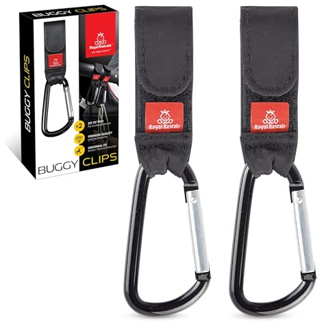Royal Rascals Buggy Clips 2 Pack, Universal Fit Non-Slip Pram Clips, Holds 5kg - Baby Essentials for Newborn - Hold Baby Shopping Bag and Handbag, Black Carabiner Clips for Pushchair