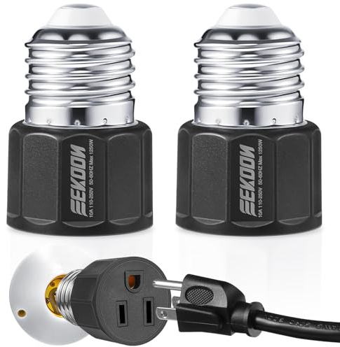 Feekoon 2 Pack E26/ E27 3 Prong Light Bulb Socket Adapter, Polarized Light Socket Outlet, Lights Sockets to Plug Adapter Sockets Converter, Lights Bulb Plug Adapters for Patio, Garage, Porch (Black)