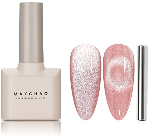MAYCHAO 15ML Cat Eye Gel Nail Polish 1Pc Jelly Pink Magnetic Nail Polish with Magnet Soak off Holographic Cat Eye Gel Polish for Nail Art Manicure Salon DIY at Home