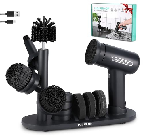 HAUSHOF Elektrische Reinigungsbürste, Akku Reinigungsbürste mit Ständer, LCD Anzeige, 3 Einstellgeschwindigkeiten, Spin Scrubber mit 7 Bürstenköpfen & 1 Messerschärfer, Für Badezimmer Küche Fliesen