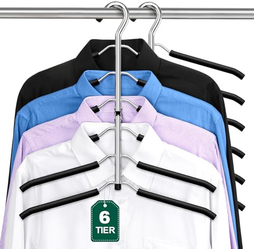 Grucce salvaspazio Doiown a 6 ripiani: imbottitura in schiuma antiscivolo, grucce in metallo nero per maglioni e magliette, per uomo e donna, confezione da 2 organizer per armadio.