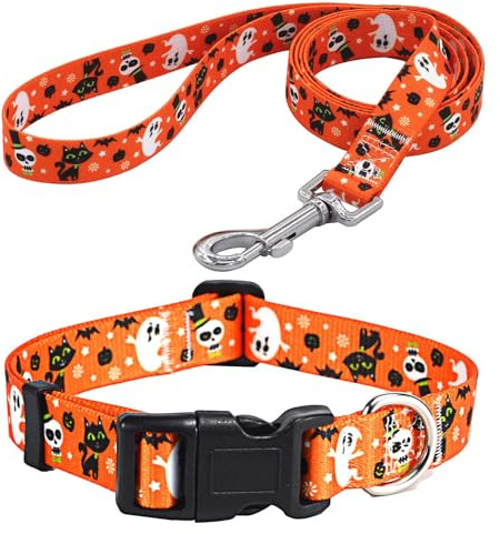 Mihqy Dog Collar and Leash Set, for Large Dogs, Halloween Set,L | with Fashion Patterns, Adjustable for Small Medium Large Dogs, Comfortable for Walks and Outdoor Hikes