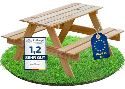 ITA Kindersitzgarnitur aus Holz - Kinder Picknicktisch mit 2 Bänken - Kinder Sitzgruppe für Indoor & Outdoor - Qualität direkt vom Hersteller - Made in EU, Farbe:Natur