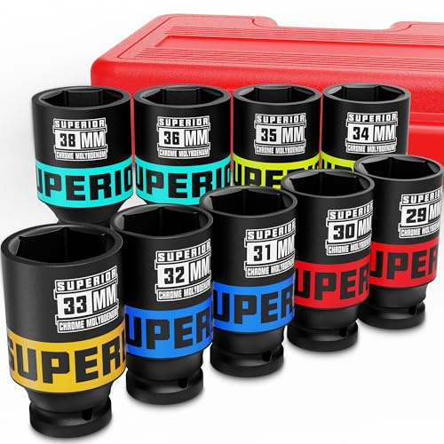 KIRXST Schlagschrauber Nüsse Set 1/2 Zoll, 29–38 mm Große Schlagnüsse 9 tlg, Langnüsse Set, Jumbo Kraft Stecknüsse für Pneumatische Schlagschrauber und Auto Reifenwechsel