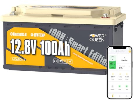 Power Queen Batería de litio 12V 100Ah, Bluetooth batería LiFePO4, con Bajas Temperaturas Protección,4000+ Ciclos, Altura de 189mm, para Asiento de la Mayoría de Autocaravanas. Barco, Panel Solar