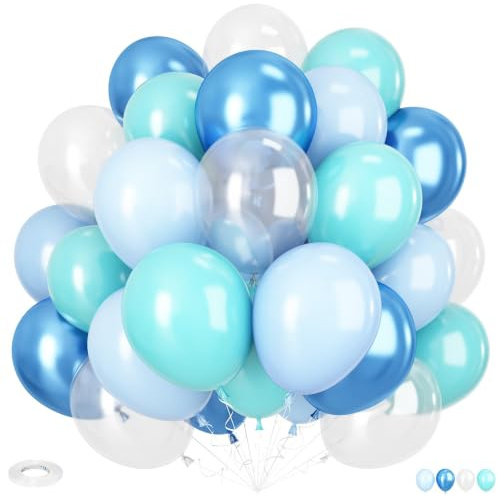 Ocean Under The Sea Balloon, 12 Inch Teal Blue Balloons Turquoise Blue and Transparent Balloons Metallic Baby Blue Balloon for Baby Girls Boys Ocean Shark Sea Mermaid Themed Birthday Party Decorations
