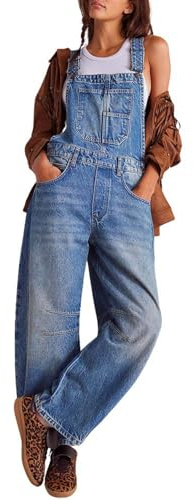 utcoco Womens Denim Overalls Loose Fit Barrel Leg Adjustable Strap Hip Hop Jean Jumpsuits (X-Large, Dark Blue)