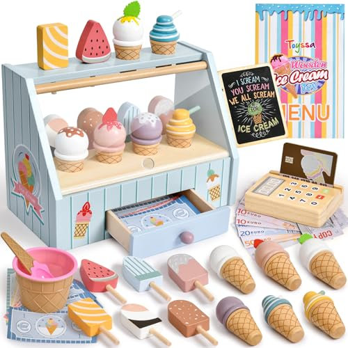 Atoylink Eisdiele Kinder Holz, kaufladen Zubehör mit Kaufmannsladen Zubehör Holz Spielgeld Einkaufsladen, Eisladen Kinder EIS Spielzeug Rollenspiel Geschenk für Mädchen Junge 3 4 5 6 Jahre