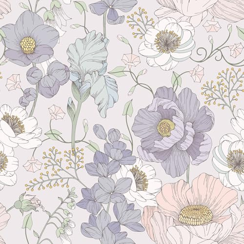 VEELIKE Tapet blommor lila anemon blomma tapet vintage fototapet blommor violett mönstertapet 44,5 cm × 300 cm självhäftande tapet sovrum barnrum badrum avtagbar hyresvänlig