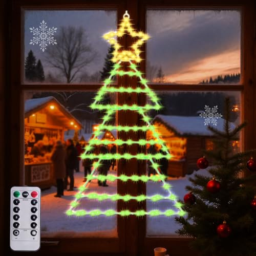Lamptobe Luci Natale per Finestre 75x43cm, Albero Natalizio con 143 LED, Telecomando 8 Modalità + Timer, IP65 Impermeabile per Interni Esterni, Decorazione per Vetrina/Balcone/Parete, Bianco Caldo