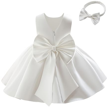 Miipat Klänningar för flickor Satin, Blomsterklänning Bröllop, Rosettknut V-rygg, Formell Prinsessa, Födelsedagsklänning, Barnklänning, dopklänning för flickor, 6 månader - 4 år | Stor bowknot, ärmlös V-rygg, A-linje, dragkedja, prinsessan formell födelsedag dopfest för flickor 6 månader-4 år