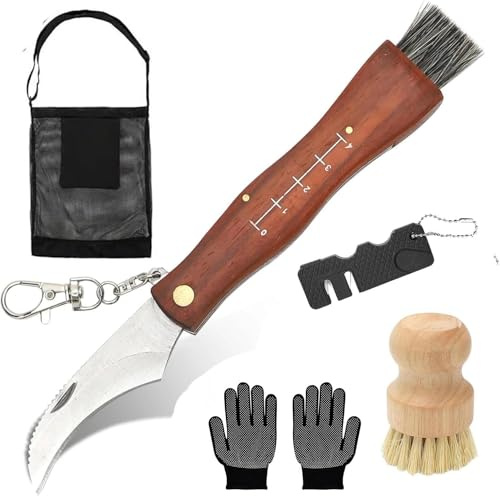 Cuchillo para setas con cepillo,juego de cuchillo plegable para setas con navaja plegable,afilador de cuchillos,guantes,cepillo para setas y bolsa para setas,para cocina,camping y cocina al aire libre