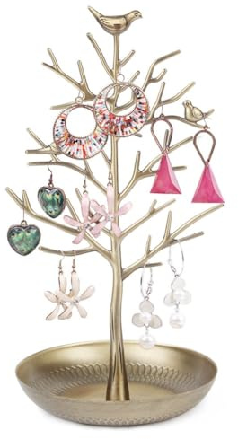 Albero portagioie con decorazione a forma di uccelli, per collane, anelli, orecchini, ciano antico