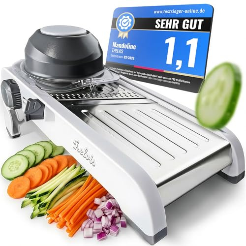 THELVIS Premium Mandoline Gemüsehobel Edelstahl | kein Klingenwechsel | sicher und modern | Gemüseschneider manuell | Julienneschneider | Gurkenhobel dünne Scheiben | vegetable slicer | Küchenhobel
