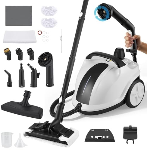 Limpiador a vapor 2000W con 5 bar de presión - Depósito de 2 litros para 100m² de superficie - Set de accesorios de 18 piezas - Limpiador a vapor portátil con cabezal de cepillo giratorio
