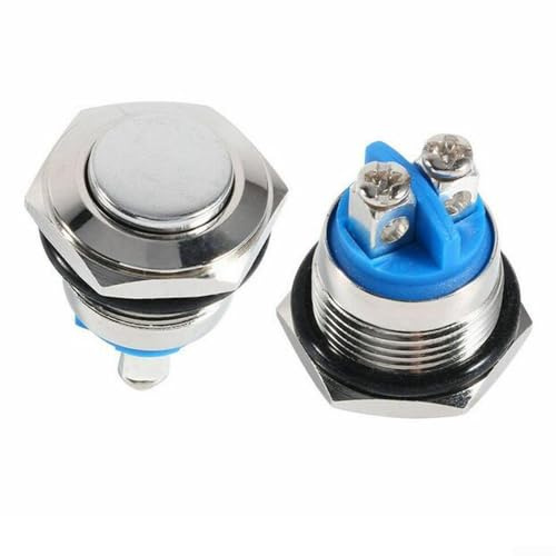 Minflora Interruttore a pulsante momentaneo da 16 Amp, 12 V, 16 mm, in metallo, testa tonda alta, terminale a vite 1NO per avviatori elettromagnetici contattori relè (2 pezzi)