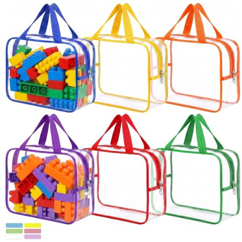 6 Colors Clear Toy Storage Bags with Handle Waterproof PVC Organiser | Reusable Zipper Organizer with Handle and Name Tags for Board Games, Building Blocks, Puzzles, Lego Bricks, School, Crafts