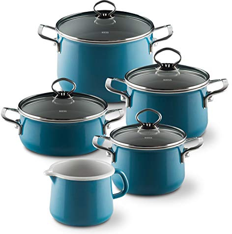 Riess, 0546-010, set economico di 5 pezzi, NOUVELLE - AQUAMARIN EXTRA STRONG, composto da: Pentola per carne con coperchio di vetro 16, 20 e 24 cm, casseruola con coperchio di vetro 20 cm e casseruola 12 cm