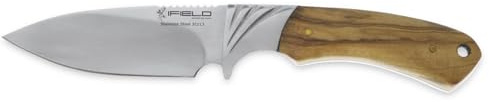 iFIELD Cuchillo de caza deportivo Camper EL29018, mango de olivo, hoja de 10,8 cm, acabado pulido, virola de acero, funda de piel marrón, herramienta de camping para pesca, caza, actividad deportiva