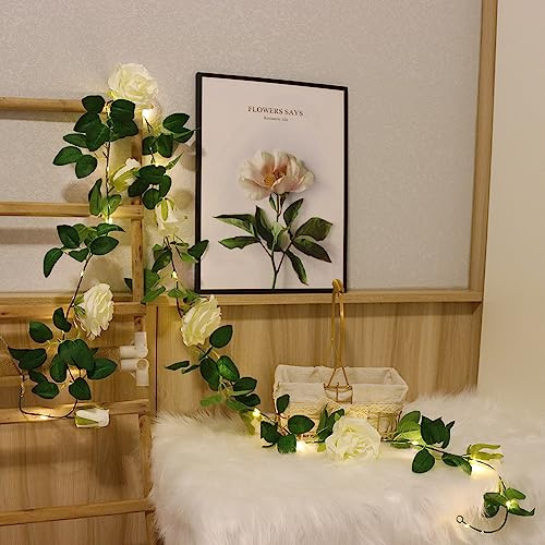 buywin Colorful Rose Fairy String Lights Artificial Flower Garland with LED Copper Light Strings, Rose Vine Lights Decor for Christmas Wedding Bouquets Party Home Window(White)