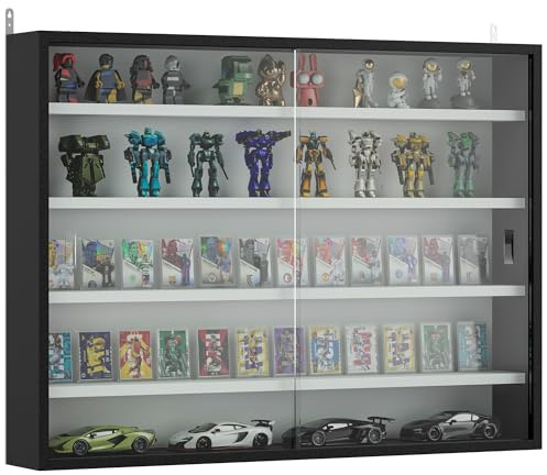 HOMCOM 5-Tier Wall Mounted Display Cabinet, Display Case with 4 Adjustable Shelves, Glass Doors for Home Office Ornaments 60x80cm, Black and White