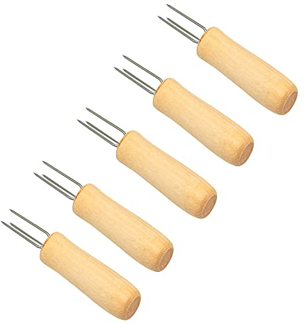 Maiskolbenhalter-Set,5 Stück Mais Halter Edelstahl Holzgriff Maiskolben Spieße,Mais Picks für BBQ,3 Zinken Mais-Gabel Zuckermais Halter für Pellkartoffel Food Fruit Forks,Küche Werkzeug Corn Holders