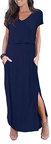 Smallshow Damen Lang Split Stillkleid Kurzarm Umstandskleid Sommer Navy M