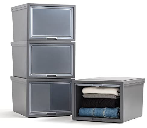 IRIS USA Kunststoff-Schubladen-Organizer, stapelbare Schubladen, 4 Stück, stapelbare Einheit mit Klapptür für Kleidung, Schlafzimmer, Küche, unter der Spüle, Speisekammer, Bastelraum, Badezimmer,