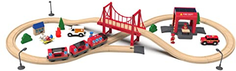 Leomark Trenino in legno con squadra di soccorso e accessori - Include binari, ponte, stazione dei pompieri, set di treni con locomotiva e vagoni - Set di gioco in legno completo