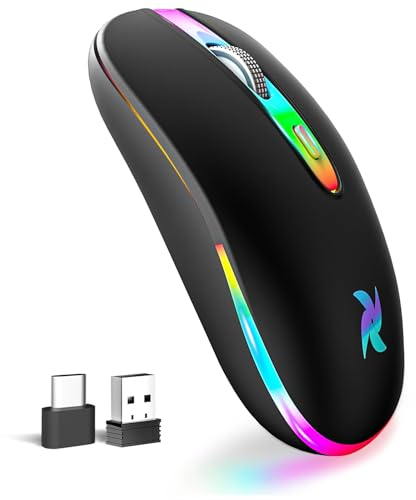 BAMCOO Maus Kabellos 2.4G USB Funkmaus 3DPI Wiederaufladbare Laptop mit USB-Empfänger 7 Typen LED Beleuchtete für Laptop, PC, iOS, Android, iPad, Windows (Schwarz-1)