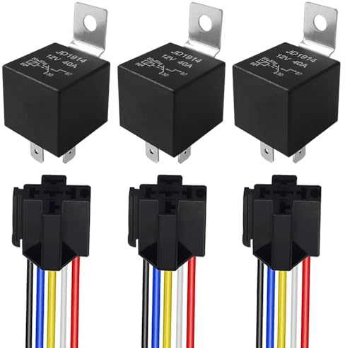 Aiqeer 3 Stycken 5-Stifts Bilrelä, 12V 40A SPDT Automotive Relay med Seleuttag och Förkopplad (Svart)