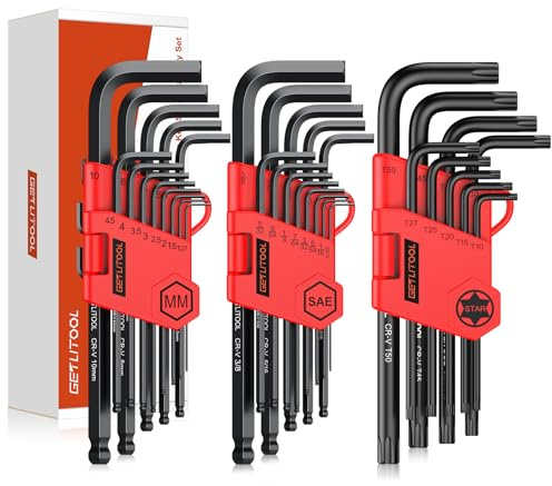 GETLITOOL 35pcs Llave Allens Métrico Imperial y Llave Torx Profesional Modelos Grabado Láser Llave Hexagonal 6150 Acero al Cromo Vanadio para Reparación de Bicicletas etc.