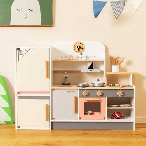 COSTWAY Kids Play Kitchen, Wooden Pretend Cooking Playset with Refrigerator, BBQ Grill, Faucet & Sink, Accessory Utensils, Children's Chef Role Play Set for Boys Girls