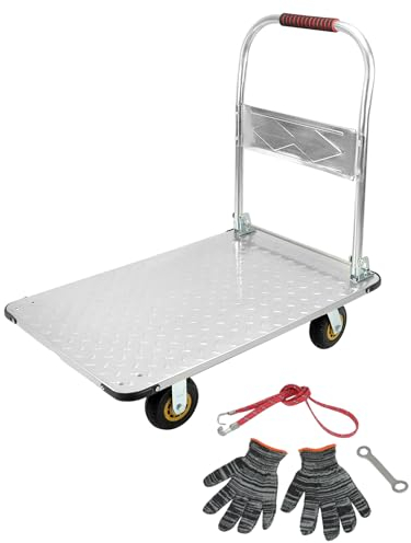QWORK® Carro de Plataforma Plegable Robusto, con Capacidad de Carga de 1100 kg, 90 x 60 cm y neumáticos de Goma silenciosos, Carro de Transporte de Acero para Trabajo Pesado