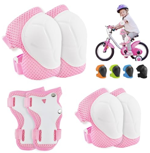 XZMCAT Kinder Schutzausrüstung Set Knieschützer,Kinder Knieschützer, Protektoren Kinder,mit Handgelenkschützern und Ellenbogenschoner,6 in 1 für ,Skateboard,Inlineskates,Hoverboard,Fahrrad(Rosa Weiß)
