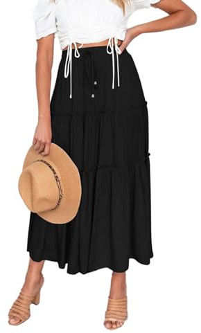 EMOTTOS Falda Larga Elástico Mujer, Faldas Largas Bohemio Cintura Alta Elegantes con Cordón, Falda Plisada Mujer con Volante en Colores Sólidos Casual Verano, Negro XL