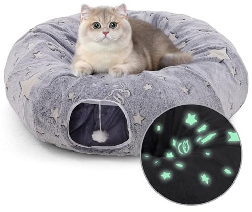 Plüsch Katzentunnel Rund Mit Katzenbett Katzen Tunnel XXL, Im Dunkeln leuchtende katzenbett, Ultra weiche Runde Donut Form für Indoor Kleine mittlere große Katzen