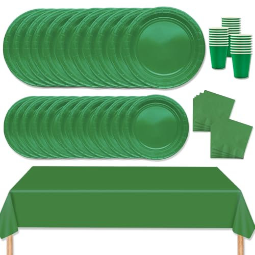 MORAINJAY 69 Piezas Juego Vajilla de Papel para Fiesta Verde,Decoración de Mesa para Cumpleaños con Platos,Mantel,Servilletas y Vasos,para Bodas,Picnics y Reunión - 16 Personas