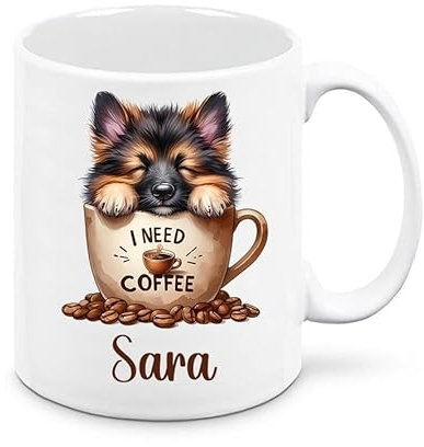 Mr. Gadgets Tazza in Ceramica 350 ml con disegno Cane In Tazzina I Need Coffee- Personalizzabile con nome (Pastore Tedesco)
