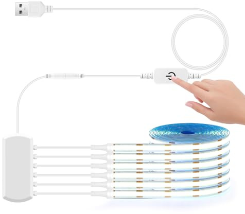 LRGBST 6 Pcs 2M White Cabinet COB LED Strip, 5V USB Dimmable COB LED Strip with Touch Dimmer Switch for Acoustic Panels Showcases Under Cabinet Lighting