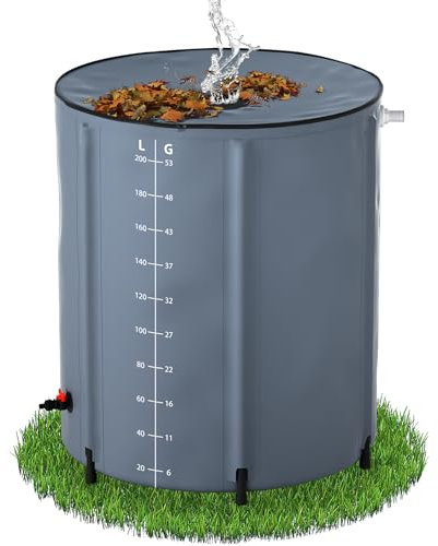 QEENTOE Regenwassertonne Faltbar Wassertank Regenfass mit Ablassventil & Stützstangen Regentonne mit Deckel Regenwassertank Wassertank mit Volumen-Skala Rostfrei Wetterfeste - 200L - Grau