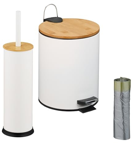 Relaxdays Set de baño Basura, Cubo cosmético 5 l, Soporte escobillas, Metal y bambú, Blanco/Natural, 20% 10% plástico 70% Hierro, 2