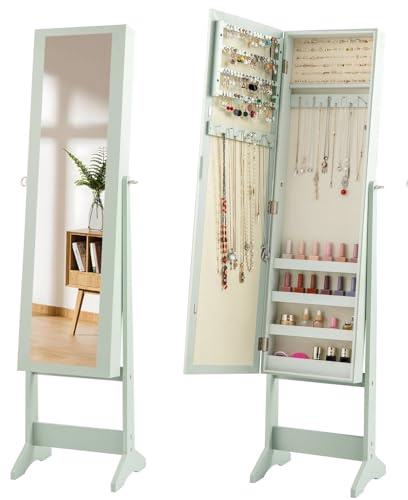 Multigot 2-in-1 Jewellery Cabinet, 3-Angle Adjustable Freestanding Jewellery Armoire with Full-Length Mirror, Mirrored Makeup Cosmetic Storage Organizer for Dressing Room Bedroom (Green)