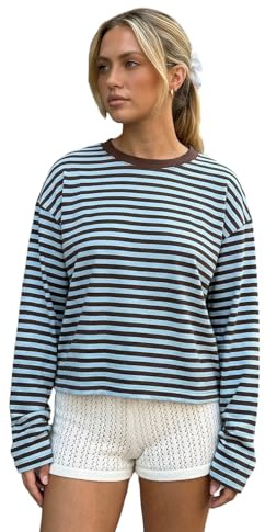Felcia Women's Classic Striped T Shirt Long Sleeve Crew Neck Loose Casual Tops Fall Streetwear (A-Chocolate, S)