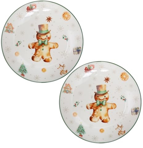Carousel Home Set of 2 Gingerbread Christmas Side Plates | Ceramic Festive Tableware for Snacks, Desserts & Holiday Cheer - 19cm