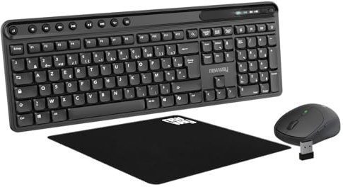 NEWWAY NKMP252 Clavier Souris sans Fil 2.4 GHz AI Copilot – AZERTY Français – Frappe Silencieuse, 14 Touches Multimédias, Souris Légère 6 Boutons, Tapis de Souris Inclus, Longue Autonomie (Noir)