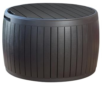 Keter Circa 37 Gallon Deck Box Organizer, Works as Ottoman Chair or Side Table, Brown – Large Resin Round Outdoor Storage and Seating for Garden, Pool, and Patio