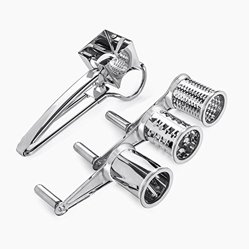 Romote Rotating Stainless Steel Cheese Grater - Shredder Cutter Grinder with 3 Drum Blades