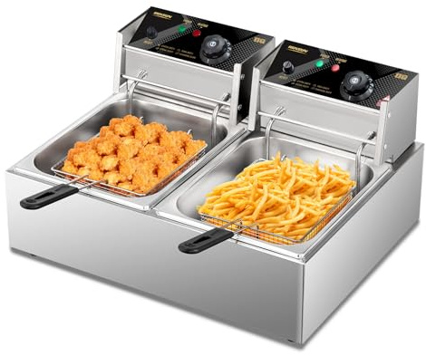ROVSUN 22.8QT Commercial Deep Fryer with Baskets & Lids, 21.8L Stainless Steel Electric Double Fryer, Countertop Kitchen Frying Machine w/Temperature Control, French Fries Donuts 3400W